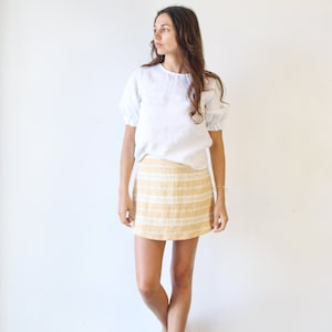 High Waisted Linen Mini Skirt. Ladies Textured Stripe A-line Skirt. Edie Mini Dune Stripe image 1