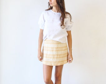 High Waisted Linen Mini Skirt. Ladies Textured Stripe A-line Skirt. Edie Mini - Dune Stripe