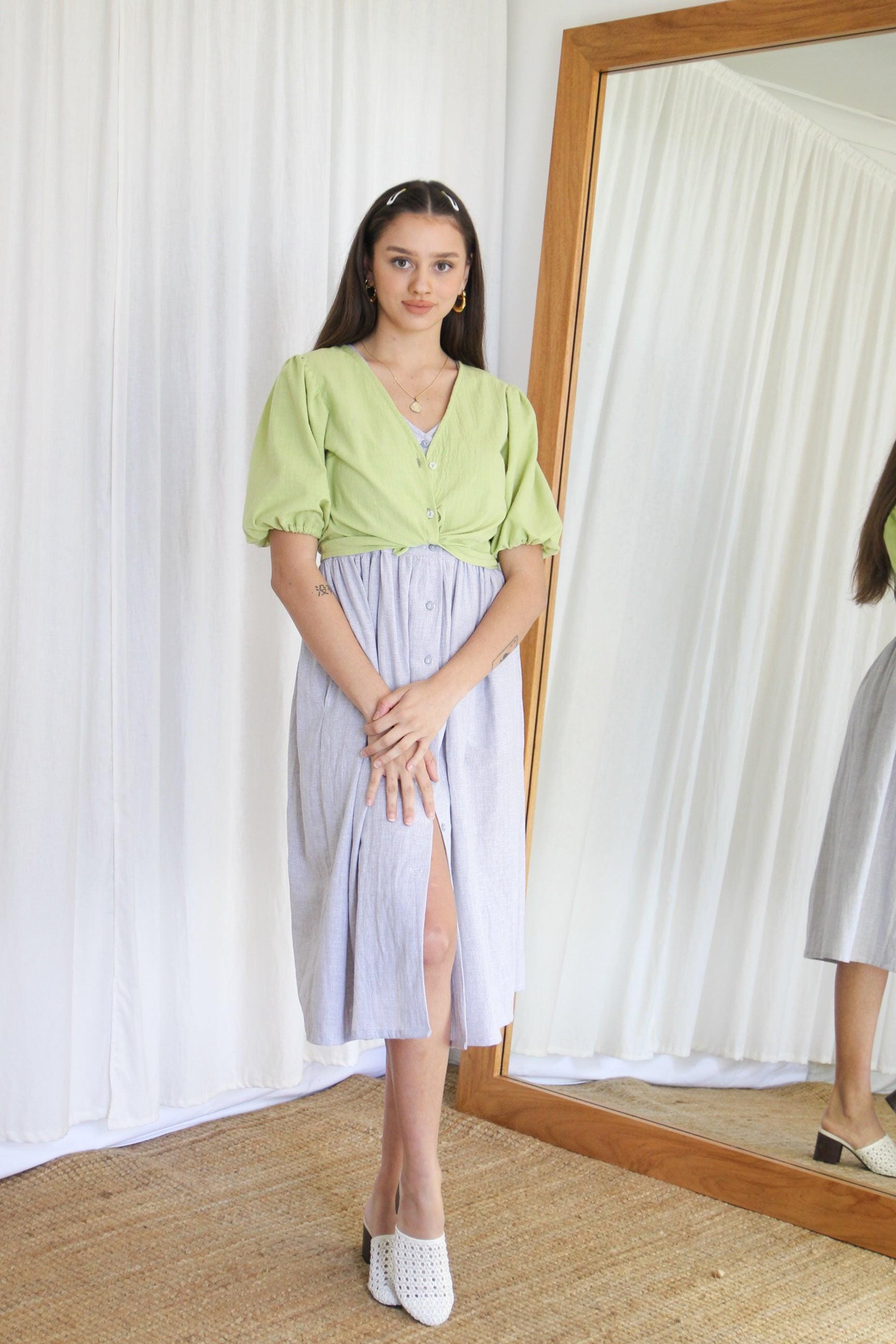 Linen Midi Smock Dress. Ladies Grey Check Button Up Spring Summer Dress. Market Dress- Mist