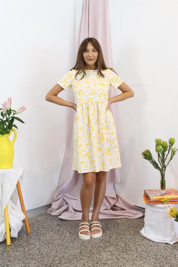 Yellow Floral Smock Dress. Ladies Midi Hemp Organic Cotton Babydoll Dress. Spring Summer Dress. Kalo Smock - Prairie Yellow Floral Smock Dress. Ladies Midi Hemp Organic Cotton Babydoll Dress. Spring Summer Dress. Kalo Smock - Prairie