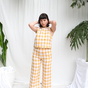 High Waisted Yellow Gingham Linen Trousers. Ladies Gold Check Cropped Pants Wide Leg Pants. Cilla Trousers- Honey Check