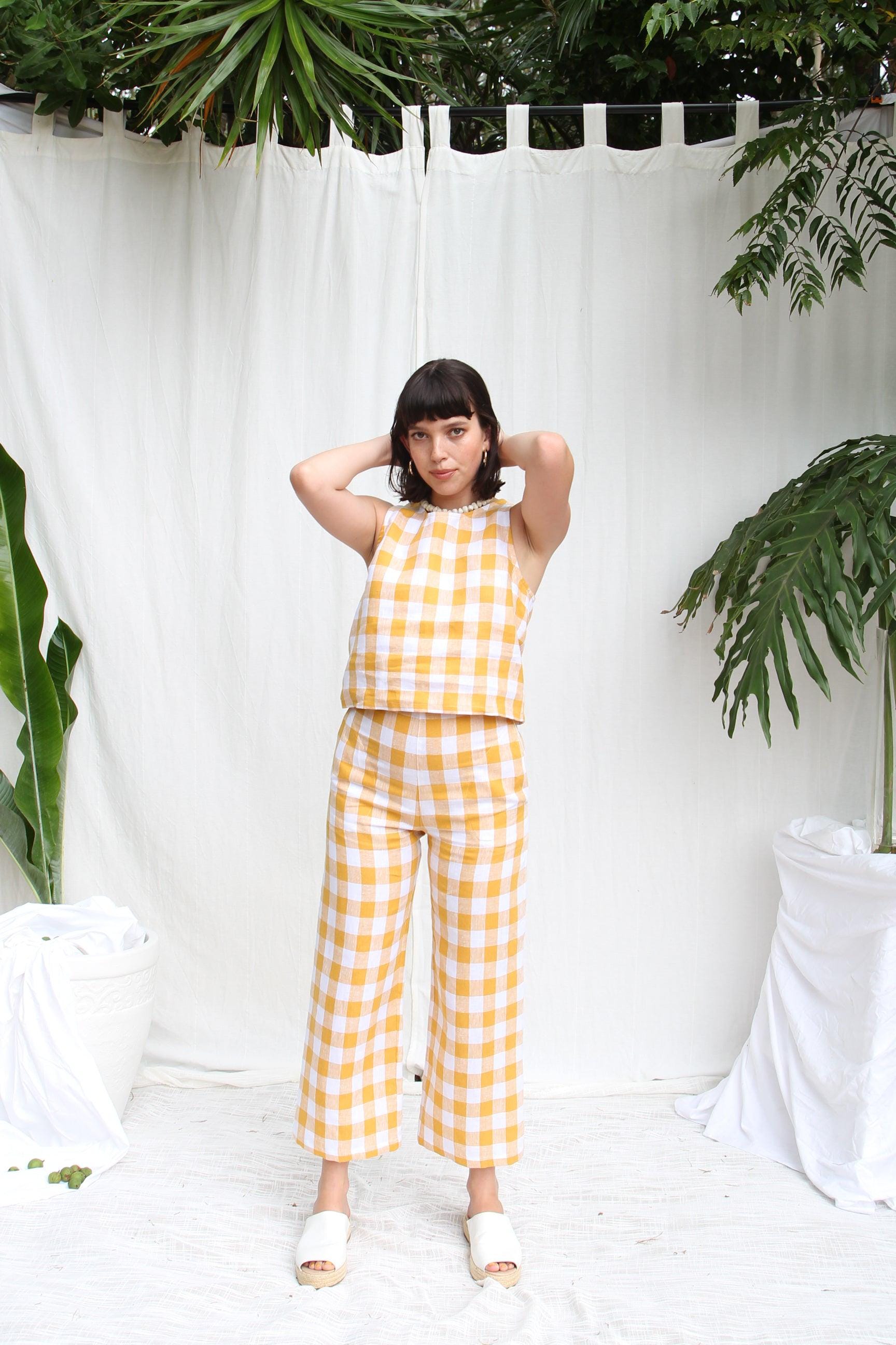 High Waisted Yellow Gingham Linen Trousers. Ladies Gold
