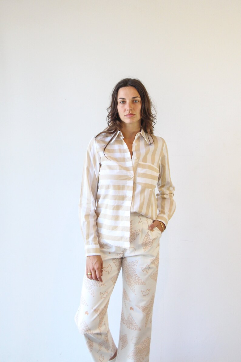 Stripe Button Up Shirt. Ladies Cotton White and Cream Vintage Style Shirt. Classic Shirt Sand Stripe image 3