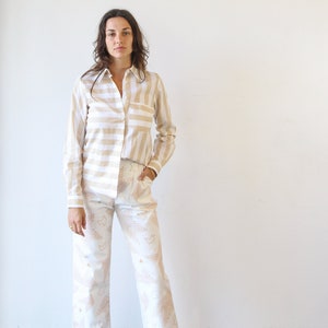 Stripe Button Up Shirt. Ladies Cotton White and Cream Vintage Style Shirt. Classic Shirt Sand Stripe image 1