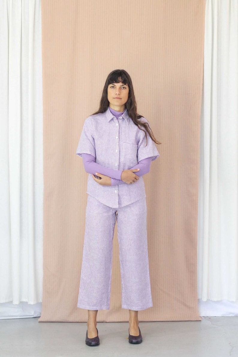 Classic Button Up Stripe Linen Shirt. Ladies Short Sleeve Purple Stripe Blouse. Bajo Shirt Lilac Stripe image 5