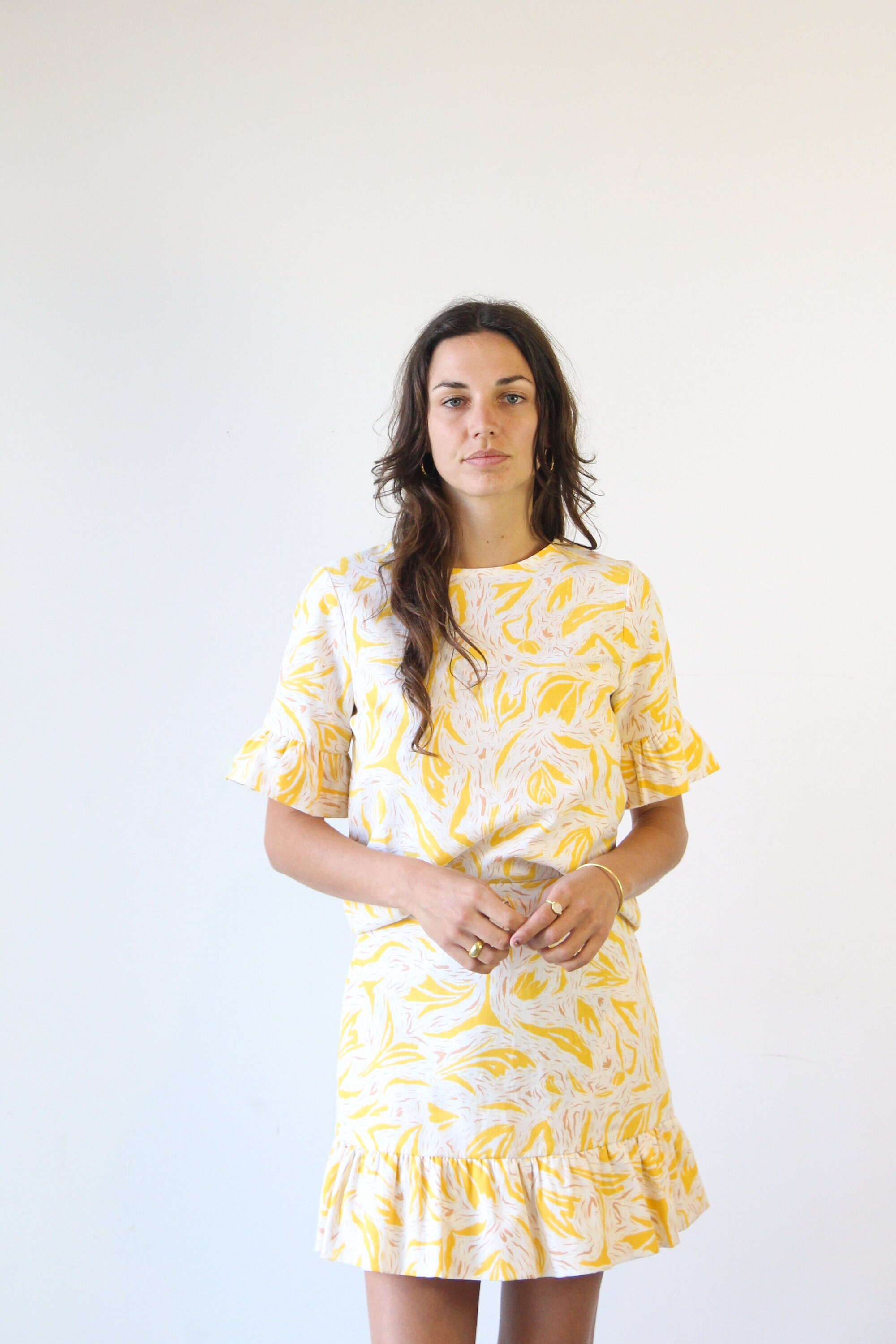 Handmade Yellow Asymmetrical Floral Wrinkled Cotton Blouses Fall