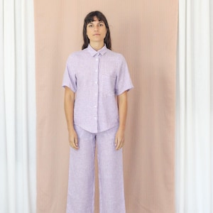 Classic Button Up Stripe Linen Shirt. Ladies Short Sleeve Purple Stripe Blouse. Bajo Shirt- Lilac Stripe