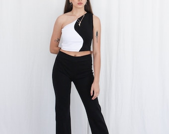 High Waisted Stretch Pants. Ladies Dark Cotton Knit Trousers. Black Lounge Trousers. Rib Trousers- Black