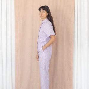 Classic Button Up Stripe Linen Shirt. Ladies Short Sleeve Purple Stripe Blouse. Bajo Shirt Lilac Stripe image 2