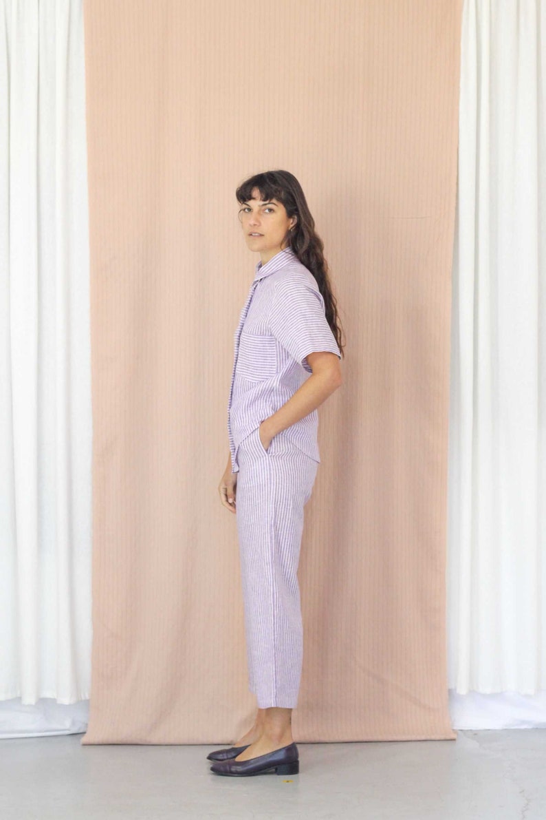 Classic Button Up Stripe Linen Shirt. Ladies Short Sleeve Purple Stripe Blouse. Bajo Shirt Lilac Stripe image 2