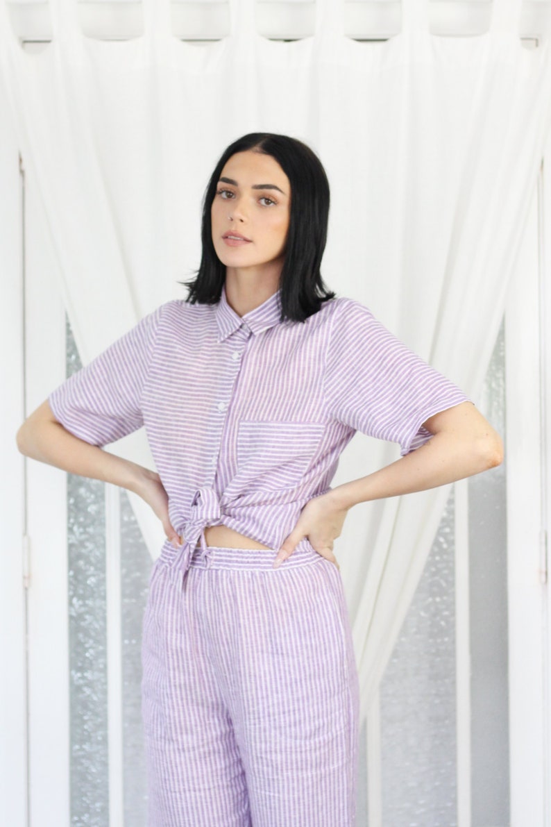 Classic Button Up Stripe Linen Shirt. Ladies Short Sleeve Purple Stripe Blouse. Bajo Shirt Lilac Stripe image 10