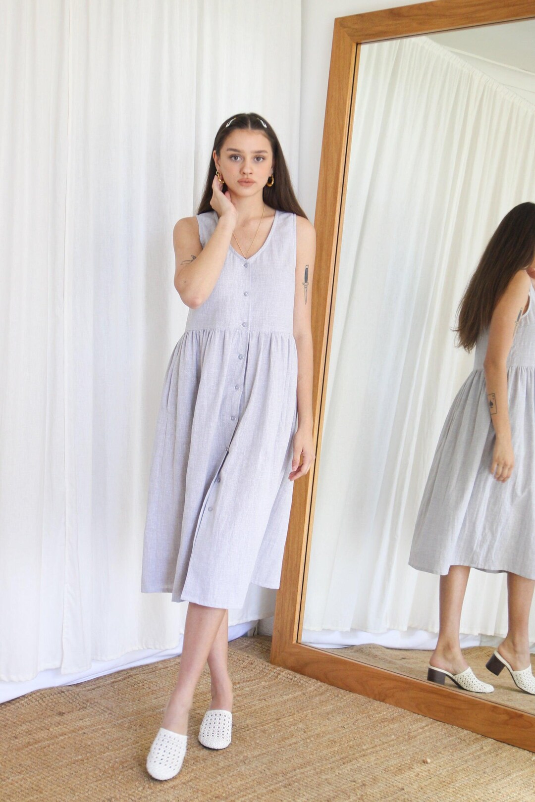 Linen Midi Smock Dress. Ladies Grey Check Button Up Spring Summer Dress. Market Dress- Mist