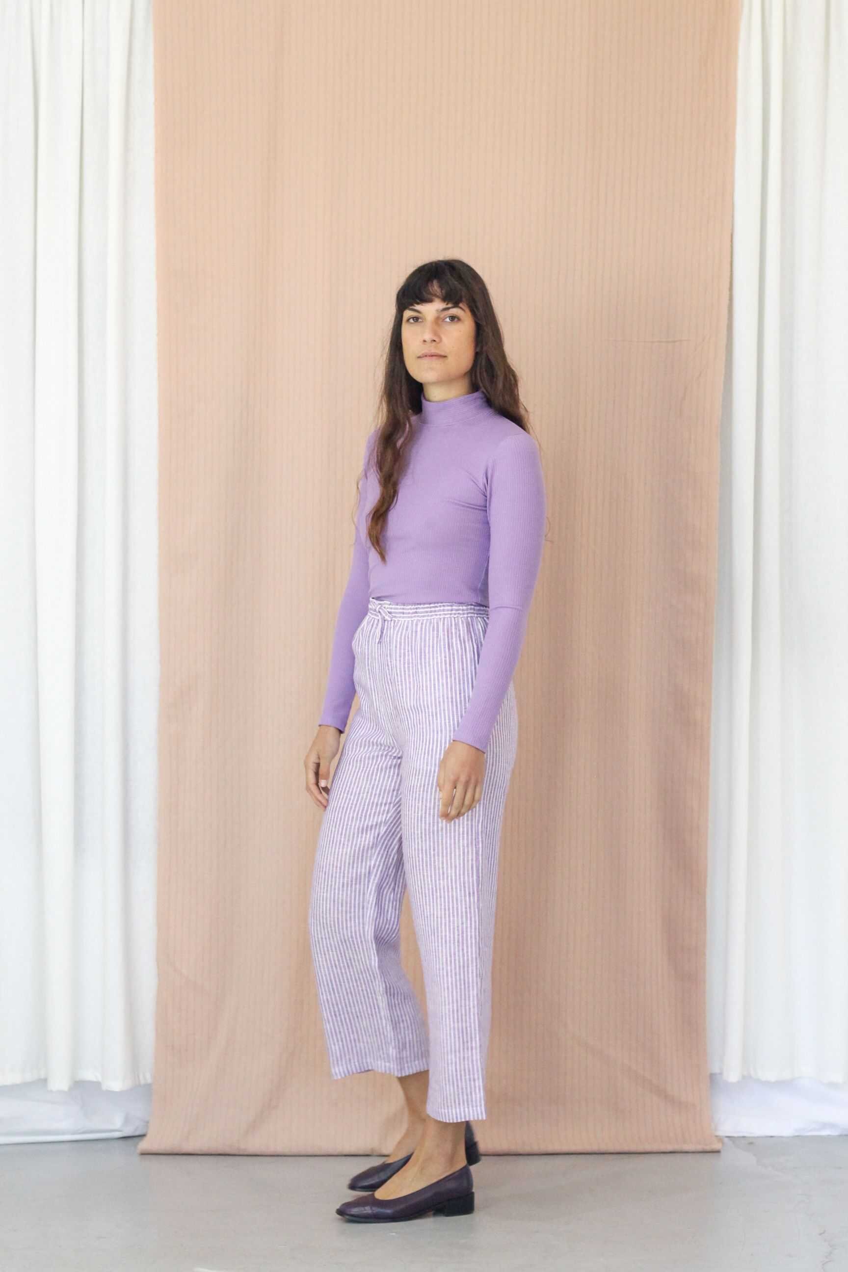 High Waisted Linen Stripe Trousers. Ladies Pastel Purple Elastic Waist Pants. Grace Trousers ...