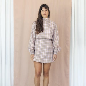 Leinen Pastell prüfen Bluse. Damen Lavendel und braun Statement Langarm-Top. Fable Bluse - Distel Gingham