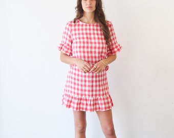 Gingham Linen Ruffle Sleeve Blouse. Damas Rojo Check Top. Luz Cottagecore Primavera Verano Top. Ness Top - Dolly