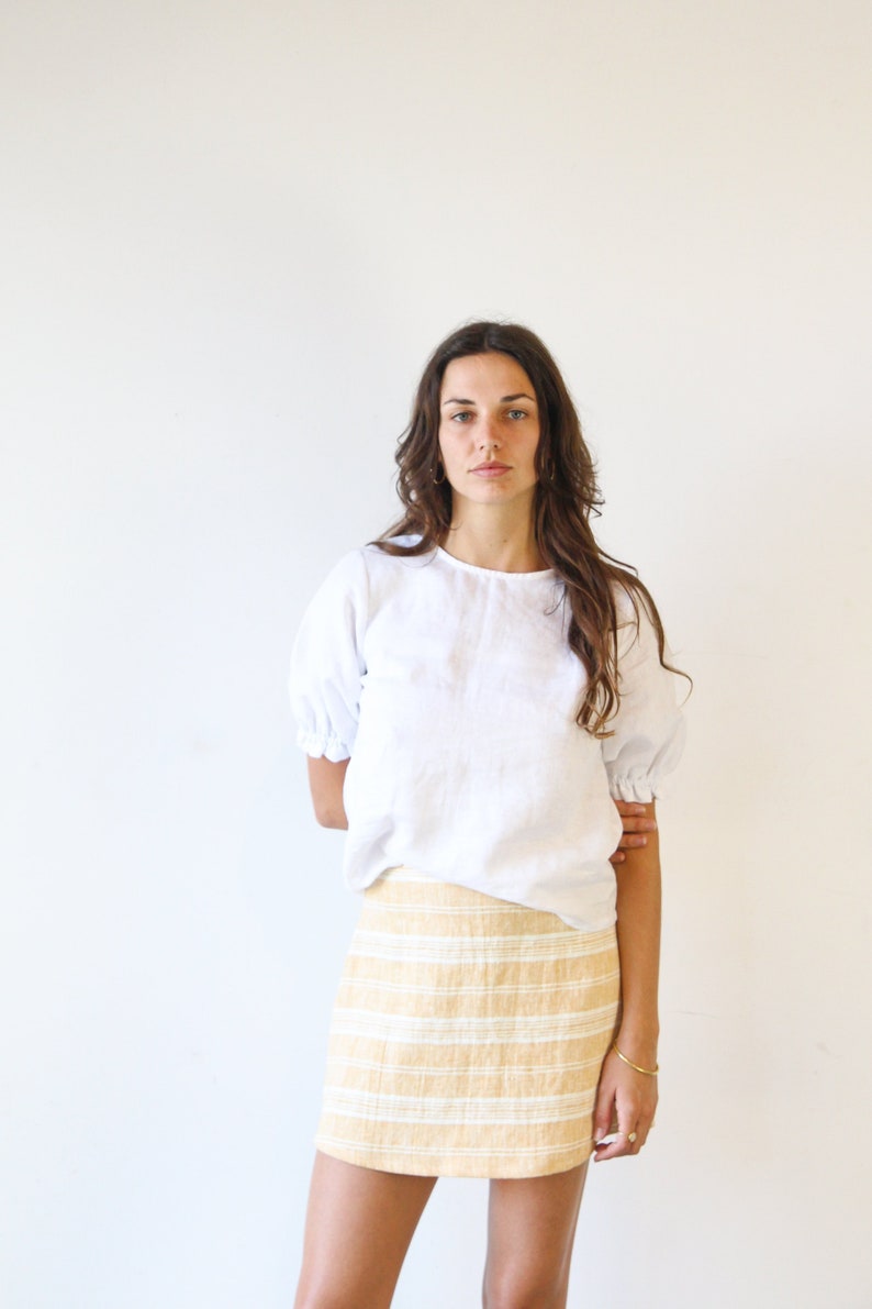 High Waisted Linen Mini Skirt. Ladies Textured Stripe A-line Skirt. Edie Mini Dune Stripe image 2