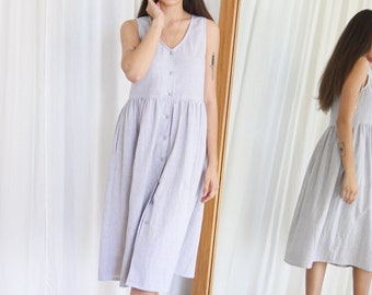 Linen Midi Smock Dress. Ladies Grey Check Button Up Spring Summer Dress. Market Dress- Mist