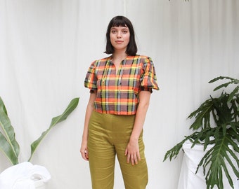 Colourful Silk Check Puff Sleeve Blouse. Ladies Silk Taffeta Statement Top. Sadie Blouse- Jungle Check