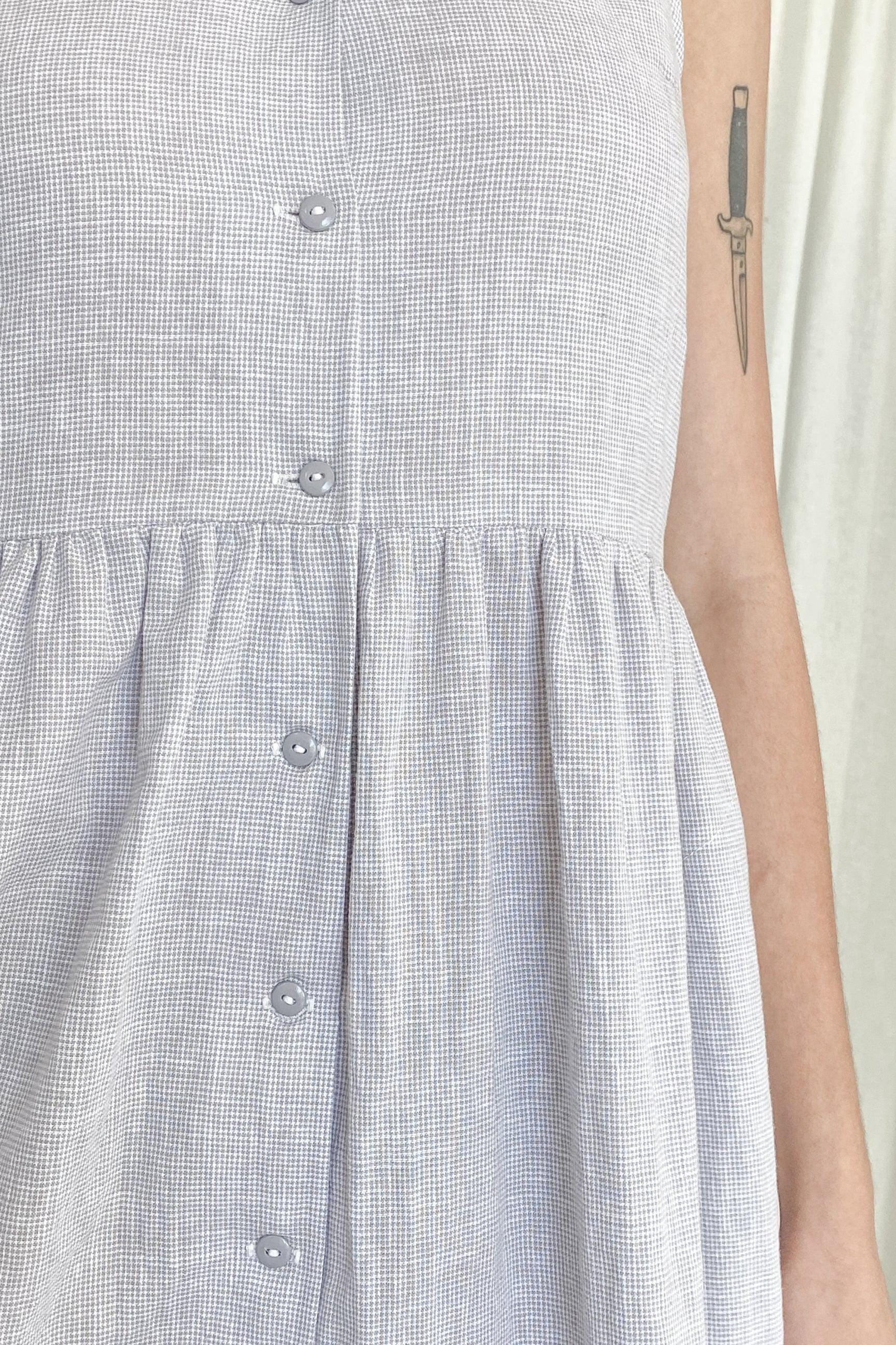 Linen Midi Smock Dress. Ladies Grey Check Button Up Spring Summer Dress. Market Dress- Mist