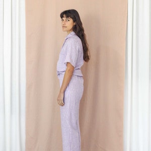 Classic Button Up Stripe Linen Shirt. Ladies Short Sleeve Purple Stripe Blouse. Bajo Shirt Lilac Stripe image 7