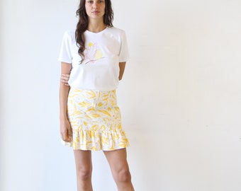 Floral High Waisted Ruffled Skirt. Ladies Hemp Organic Cotton Mini Skirt. Ra Ra Skirt - Prairie