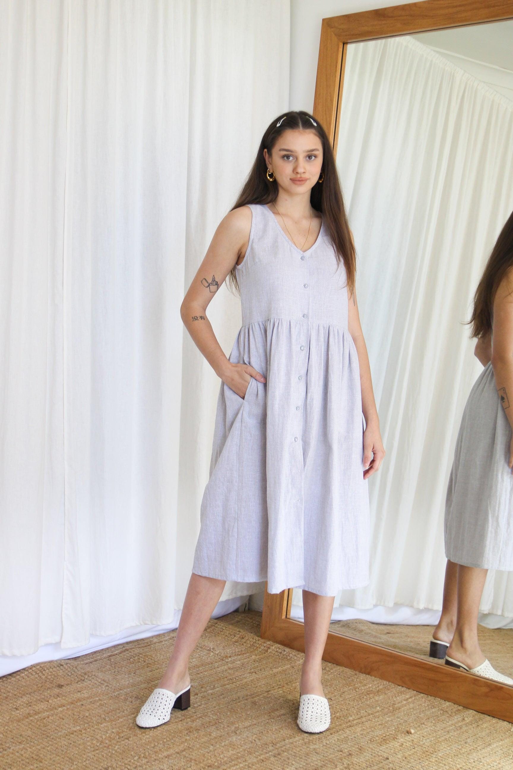 women grey check linen dress Buttoned Greige Check Linen Dress M
