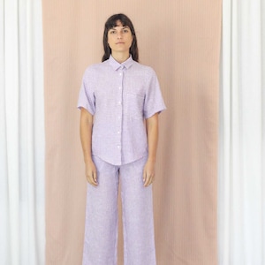 Classic Button Up Stripe Linen Shirt. Ladies Short Sleeve Purple Stripe Blouse. Bajo Shirt Lilac Stripe image 1