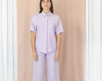 Classic Button Up Stripe Linen Shirt. Ladies Short Sleeve Purple Stripe Blouse. Bajo Shirt- Lilac Stripe