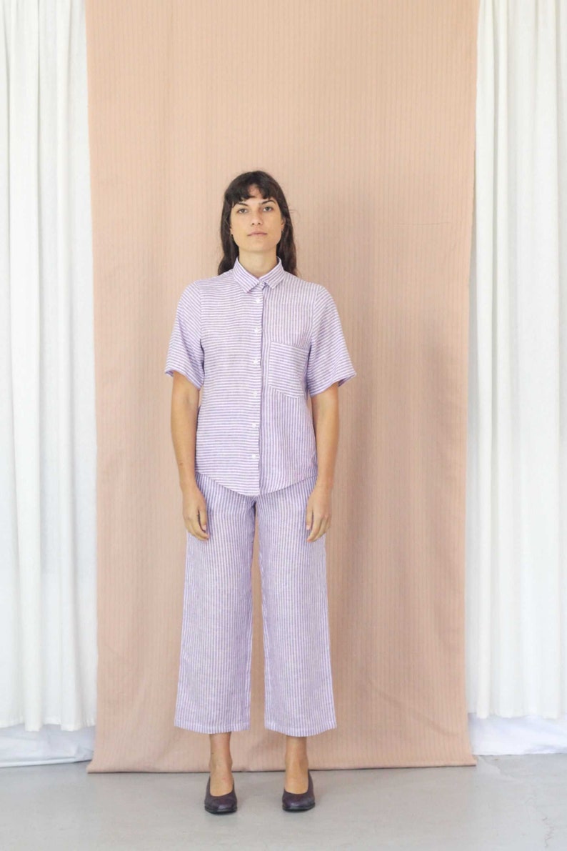 Classic Button Up Stripe Linen Shirt. Ladies Short Sleeve Purple Stripe Blouse. Bajo Shirt Lilac Stripe image 1