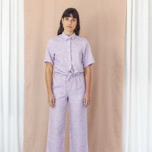 Classic Button Up Stripe Linen Shirt. Ladies Short Sleeve Purple Stripe Blouse. Bajo Shirt Lilac Stripe image 6