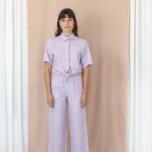 Classic Button Up Stripe Linen Shirt. Ladies Short Sleeve Purple Stripe Blouse. Bajo Shirt Lilac Stripe image 8