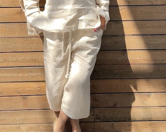 Weites Bein Leinen Culottes, Damen Sommerhose, Weite Hose Jada