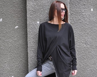 Zwarte asymmetrische katoenen tuniektop, grote maten maxi-jurk