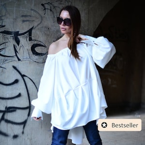 White Women top, Off Shoulder White Dress, Blouse With Extravagant Sleeves, Asymmetric Maxi Top FELICIA - TU0511PLV