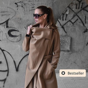 Wool Coat, Women Coat, Winter Coat, Camel Coat, Long Coat, Asymmetric Coat, Minimalist Coat, Winter Cape VICTORIA - CT0032CA