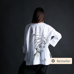 Sommer Baumwoll Kleid für Frauen, weißes Tunika Kleid mit weiten Ärmeln, Frauen Top mit Afrikaner Print, Maxi Shirt Kleid SAMIRA - SH0902CT