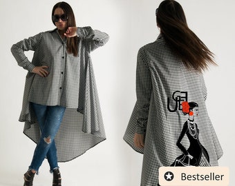 Summer plaid shirt for woman, Loose Tunic Top with long sleeves, Cotton shirt with print, Oversize Top, Loose Shirt NIKOLETA - TP0059CT