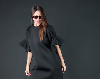 Abito lungo in neoprene nero, abito invernale taglie forti Ester