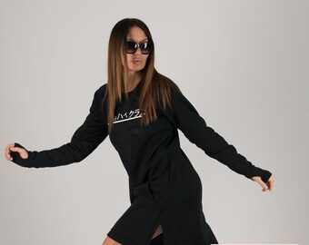 Black Sweatshirt Dress, Thick Jersey Cotton, Autumn Winter Dress