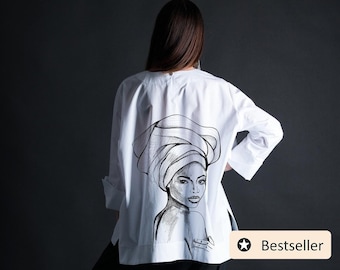 Witte katoenen tuniektop, print Afrikaanse vrouwen, jurk met losse mouwen