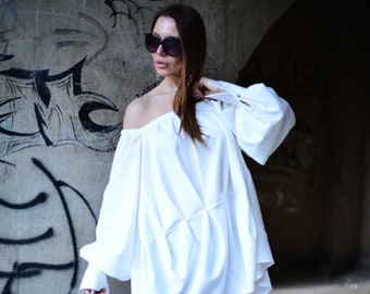 White Women top, Off Shoulder White Dress, Blouse With Extravagant Sleeves, Asymmetric Maxi Top FELICIA - TU0511PLV