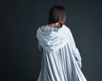 African Clothing Dress - Light Grey Hooded Top Dress - Cotton Hooded Dress - Women&#39;s Stylish Dress - Women Oversize Dress ANIE - TU0607TR