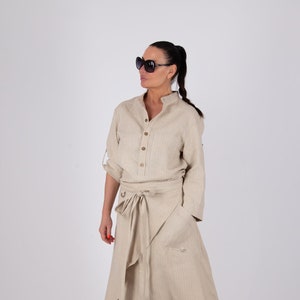 Wide Leg Pants Set, Plus Size Linen Pants Set, Linen Two Piece Outfit Women, Womens Pant Suit, Summer Linen Set with Shirt  LESY -  SE0884LE