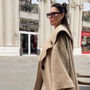 Beige Winter Coat for Women, Plus Size Long Cape Coat, Women Wool Overcoat, Elegant and Stylish Women Plaid Coat SIRI - CT0002WB