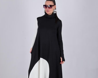 Black & White Maxi Dress: Turtleneck Long Sleeve A-Line Dress Vivian