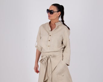 Linen Harem Pants Set, Button-Up Shirt, Plus Size Women's Suit LESY