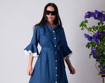 Flounces Linen Dress, 2 Colours Linen Dress, Long Linen Dress with Ruffled Sleeves, A line Linen Dress, Boho Linen Dress SALEM - DR0056LE *