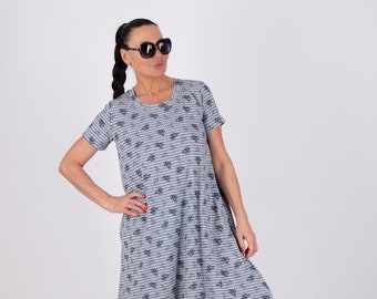 A line Summer Jersey Dress, Casual Clothing, Grey print Dress, Sport Dress, Summer Dress, Marine Dress EMY - DR0903TR