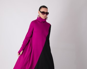 Fuchsia Black Maxi Dress, Plus Size Turtleneck, Long Sleeve Winter Dress Vivian