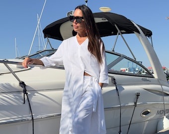 White Linen Tunic Dress, Half Sleeve V Neck, Linen Top Effe